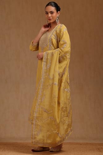 Soch Womens Mustard Tissue Embroidered Suit Set With Zari