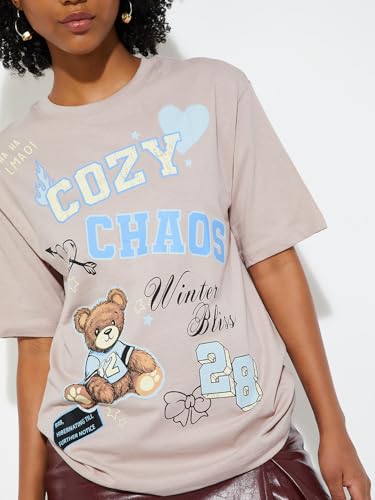 Max URB_N Women Oversized Graphic T-Shirt (Beige_XS)