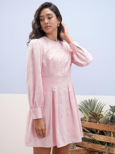 Vishudh Women Long Sleeve Round Neck Dress VVa1000083 Pink M