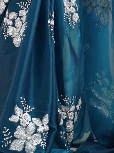 Satrani Women's Shimmer Chiffon Sequins Embroidery Saree with Unstitched Blouse Piece (3997S124NY_Rama Blue)