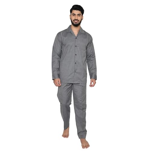 Tatwam FILAFIL Cotton RICHED with Polyester Mens Nightsuit with Fully Elastic Pajama and Buttoned Full Sleeve TOP Size-L,D.Grey