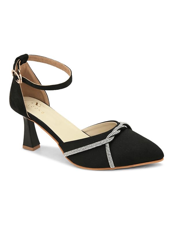 XE Looks Black Women's Fashion Sandals | Faux Leather Attractive and Trendy Block Heel | or Wedding Occasion Heel Height 3inch| For Women & Girls