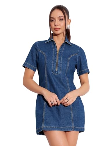 Miss Chase Women's Collared Half Sleeve Princess Seam Sheath Mini Dress (MCSS25DEN68-59-354-02, Prussian Blue, XS)