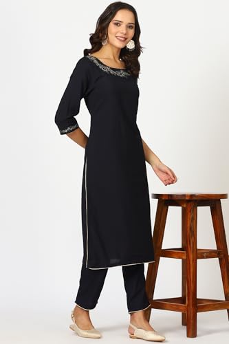 W for Woman Navy Blue Metallic Embroidered Straight Festive Kurta, Straight Pants and Jacquard Dupatta Set (Size: XS)-24AUWS11187-222209