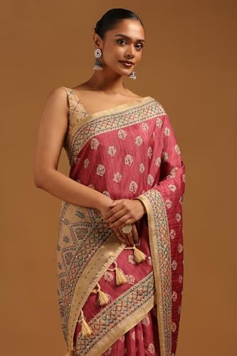 Soch Womens Onion Pink Tussar Botanical Saree With French Knot Details