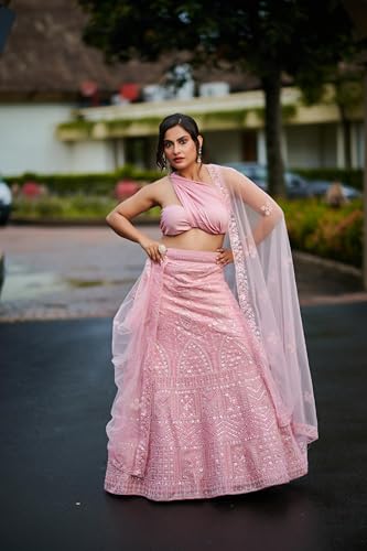 House of Bansal Lehenga Set, Blush Pink, Mirror Embellished