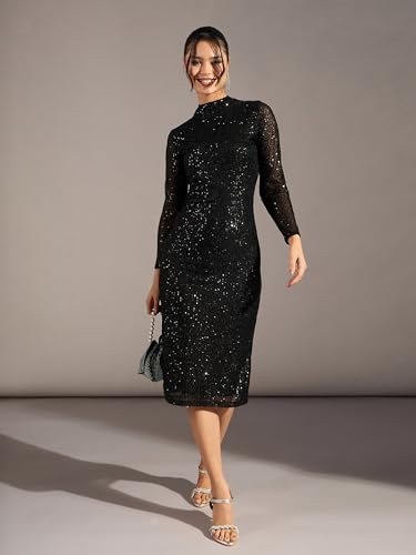 barcino Black Sequin High Neck Midi Dress