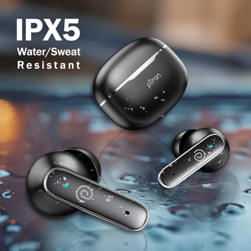 pTron Bassbuds Eon in-Ear TWS Earbuds w/ 13mm Drivers, 45Hrs Playtime, Dual HD Mic & TruTalk AI-ENC Calls, Custom EQ,Mobile App, Bluetooth v6.0 Headphones,Voice Assist., Type C Charging & IPX5 (Black)