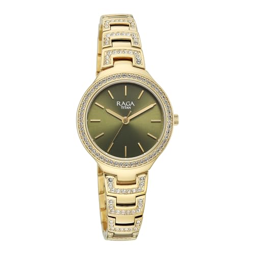 Titan Raga Spotlight with Quartz Analog Green Dial Gold Brass Strap Watch for Women - 95428YM01