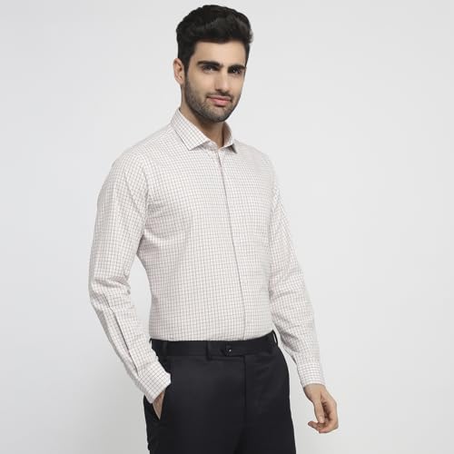 Raymond Men Regular Fit Checks Pattern Pure Cotton Semicutaway Collar Full Sleeve Apple Cut Casual Shirt Light Brown