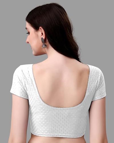 Mogsa Stylish Cotton Saree Blouse for Women | Soft Dobby Stretch Fabric | Round Neck | Stitched Blouse for Party, Casual & Festive Use (White, 34)