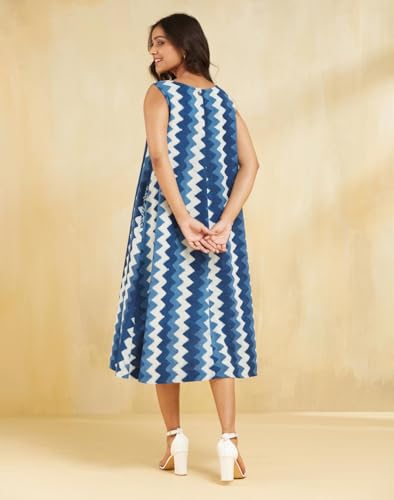 Fabindia Indigo Cotton Linen Dabu Printed Midi Dress