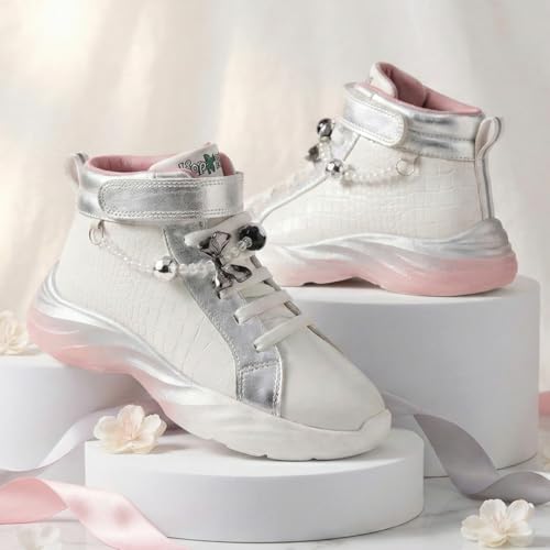 KazarMax Hopits Rise High-Top Sneakers for Kids Girls White with Silver Accents Removable Charms -11 Kids UK