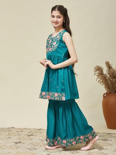 CURLY TALES Chinon Embroidered Kurti Sharara Set for Girls | Ethnic Suits for Teens
