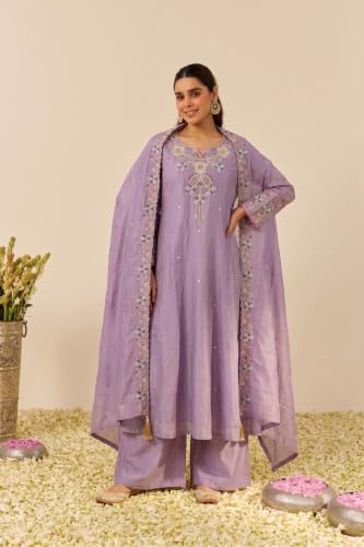 Women's Embroidered Silk Blend Kurta With Palazzo And Dupatta