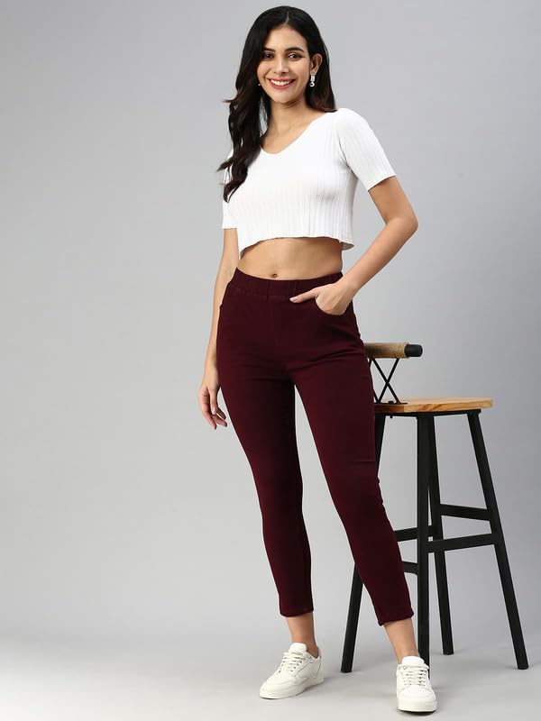 De Moza Women Jegging Woven Bottom Solid Cotton Wine
