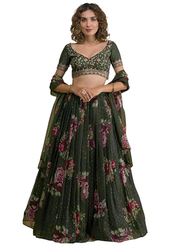 Zeel Clothing Women's Floral Embroidered Organza New Lehenga Choli with Dupatta (5070-Green-Designer-Lehenga-Choli; Free Size)