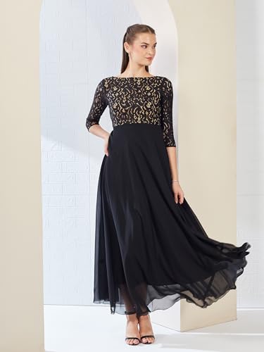 Miss Chase Women'sSelf Design Boat Neck 3/4 Sleeves Side Pocketed Georgette Fit and Flare Maxi Length Dress (MCAW25D85-90-62-06, Black, XL)