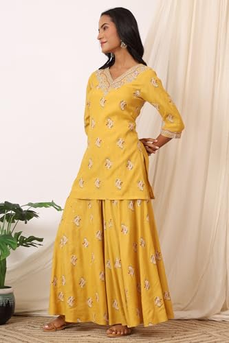 W for Woman Mustard Yellow Printed Short Shantung Kurti, Culottes and Dupatta Set (Size: XS)-WS12644-125062