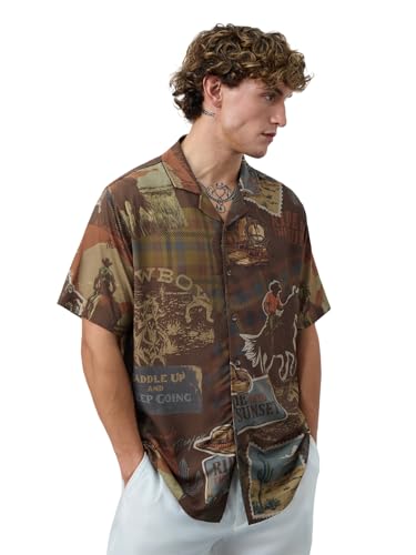 The Souled Store Summer Shirt: Cowboy Men and Boys Short Sleeves Collared Neck Button Front Brown All Over Printed Regular Fit Rayon Holiday Shirts