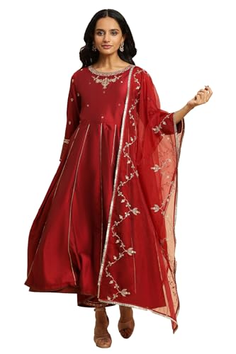 W for Woman Dark Red Zari Embroidered Festive Kurta, Pant and Dupatta Set_24AUWS10267-220298_XL