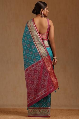 Soch Womens Turquoise Blue Silk Blend Patola Print Saree
