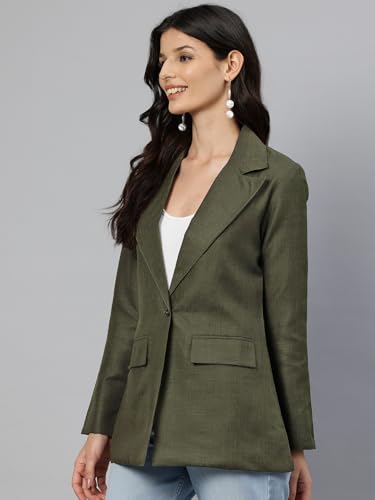 Cottinfab Women Olive Green Solid Single-Breasted Long Sleeves Formal Blazer