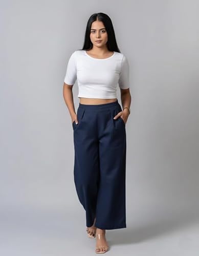 Moirai Pure Cotton Wide Leg Women Trouser Stylish Mid Rise Relaxed Straight Fit Loose Pants Casual Travel Office Formal Wear Navy Blue