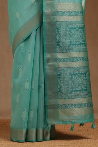 Soch Womens Turquoise Blue Tussar Woven Design Saree