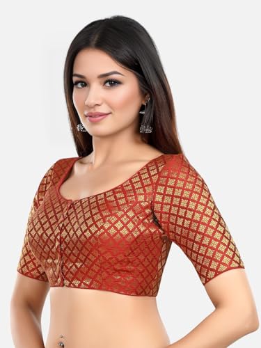 Biyu Women's | Designer Blouse for Sarees | Brocade Woven Design Round Neck Elbow Half Sleeves Readymade Saree (Maroon, 36)