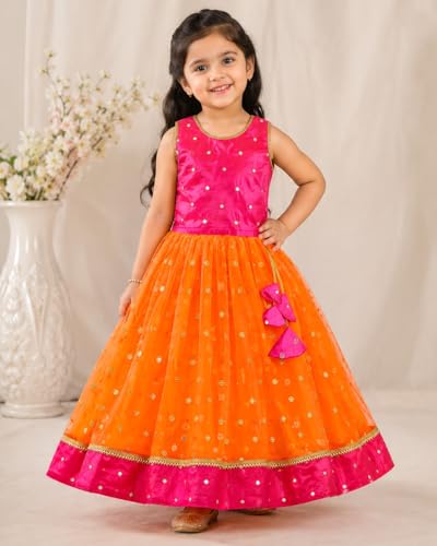 Baby Girls Designer Lehenga Choli Set Orange Rani Pink Readymade Pattu Pavadai Style Traditional Ethnic Dress for Baby Girls Kids Festive Wedding 3-6 Months