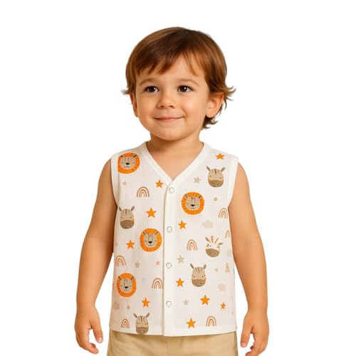 Kidbea Cotton Muslin Jhabla for Newborn Boys & Girls Sleeveless V-Neck Vest with Button Closure | Cute Multi Printed Baby Jabla, Pack of 2 (0-3 Months)
