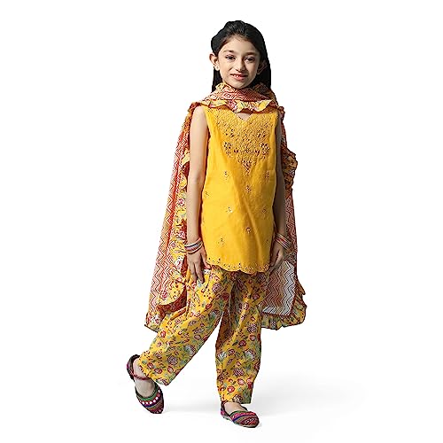 BIBA Girl Printed Polyester A_Line Kid(Kw5123_Yellow_9), Kurta Dhoti Suit Set