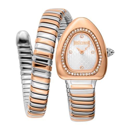 Just Cavalli Women Watch, Silver Color Case, Turquoise Dial, Stainless Steel Metal Bracelet, 2 Hands, 3 ATM (Silver & Rose Gold)