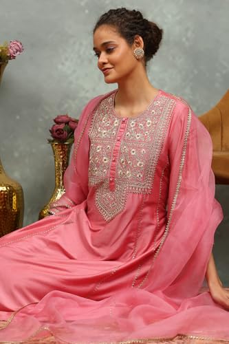 Rangriti Women Pink Viscose Blend Embroidered Kalidar Suit Set_32