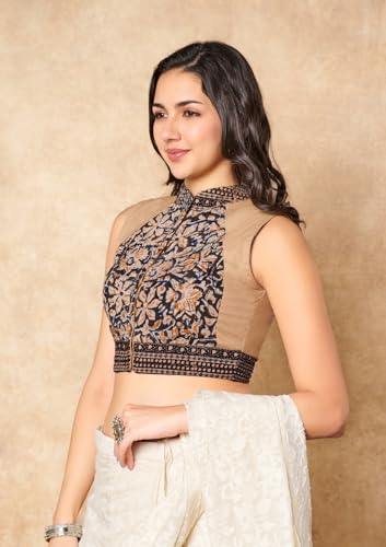 S SALWAR STUDIO Beige Kalamkari Pure Cotton Stand Collar Readymade Blouse
