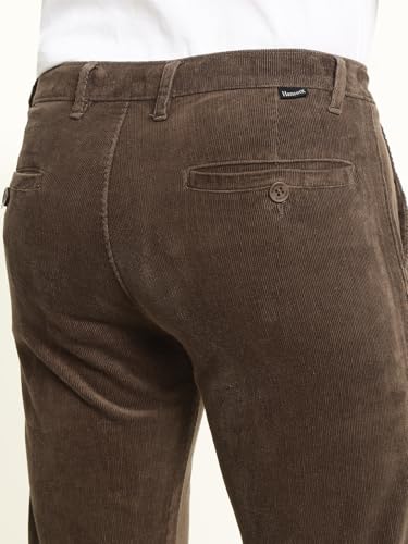 Hancock Men Cotton Solid Slim Fit Trousers Brown Size 30, Ideal for Work and semi Formal Occasions, Comfortable Stretch Waistband, Classic Silhouette with Modern Comfort