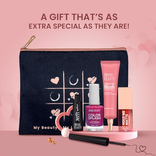 Swiss Beauty Gift Your Heart Out Makeup Kit | With 4 Makeup Essentials | Cream It Up Blush | Color Splash Nail Polish | Matte Maxx Eyeliner | Hold Me Matte Mini Liquid Lipstick | Gift For Her | Valentine’s Day Gift