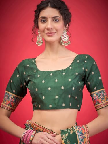 AKHILAM Women's Green Viscose Silk Ethnic Motif Printed Saree With Unstitched Blouse Piece (MSTANI59B_HS)