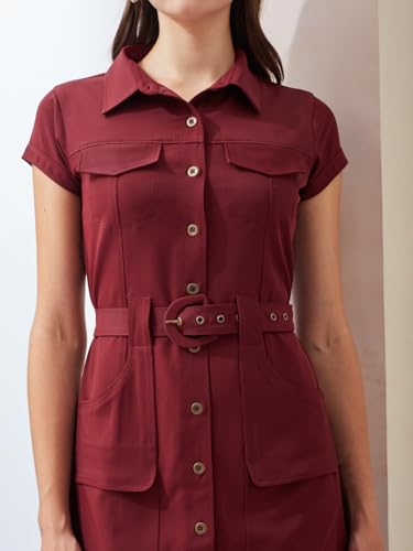 Latin Quarters Women's Maroon Solid Cap Sleeve Collar Neck Casual Shirt Dress_S