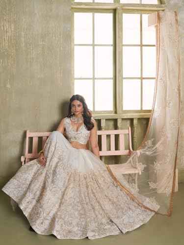 Zeel Clothing Women's Thread Sequins Work Embroidery Soft Net Lehenga Choli with Dupatta (NFH-2209-Off-White-Women-Lehenga-Choli-Latest; Free Size)