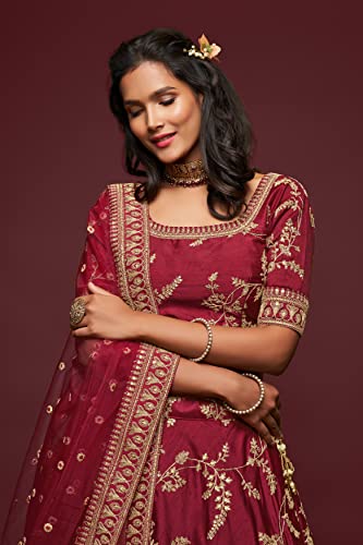 Zeel Clothing Women's Art Silk Semi-Stitched Lehenga Choli with Dupatta (7802-Maroon-Wedding-Bridal-Latest-Choli; Free Size) (Maroon)
