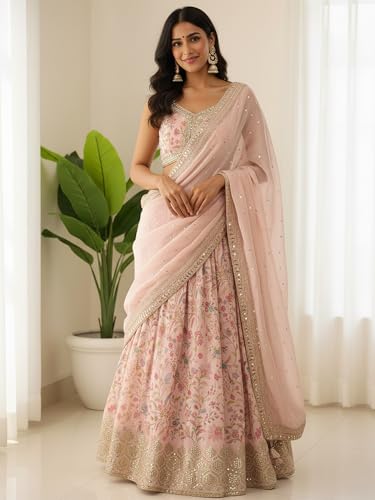 Zeel Clothing Women's Digital Print With Embroidered Organza Lehenga Choli With Dupatta (5104-Peach-Women-Lehenga-Choli-New, Free size)