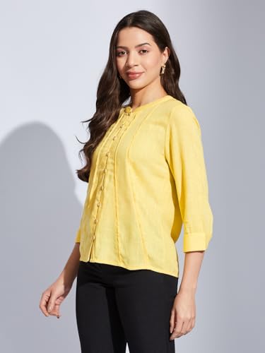 Latin Quarters Women Yellow Mandarin 3/4th Sleeves Solid Shirt Blouse for Casual Wear_S