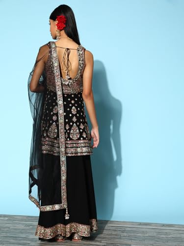 Libas Art Womens Embroidered Georgette Straight Kurta With Palazzos and Dupatta