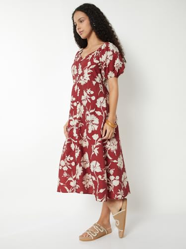 Max Women Floral Print A-line Midi Dress(Red_L)