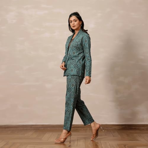 VIVIKA Cotton Blazer Co-ord Set for Women | 3 Piece Formal Outfit with Blazer Top Pants | Stylish Western Clothing Set for Office Party and Smart Wear_Pastel Blue_M