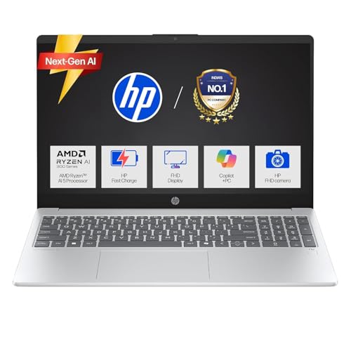 HP OmniBook 3 AMD Ryzen AI 5 330 Next Gen AI Laptop, (24GB DDR5, 1TB SSD), Anti-Glare,15.6''/39.6cm FHD, Win11,Office24, Silver,1.7kg, FHD Camera with Shutter, Fingerprint Reador, Backlit KB fn0074AU