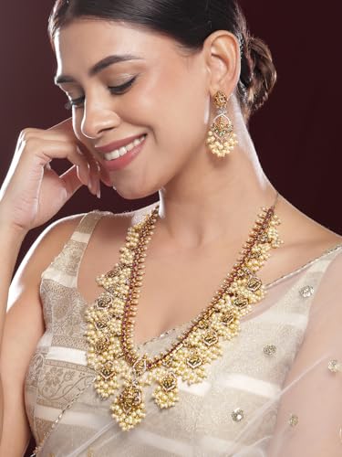Rubans 22K Gold-Plated Temple Jewellery Set with Pink & Green Stones and Pearl Detailing