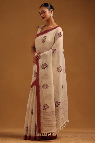 Soch Womens Maroon Chanderi Warli Saree With Hand Embroidery